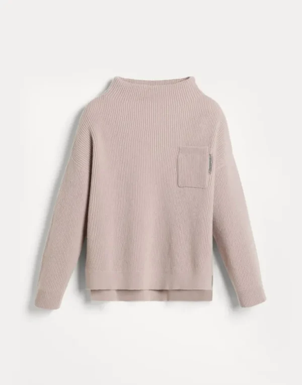 Cashmere English rib turtleneck sweater with chest pocket and monili