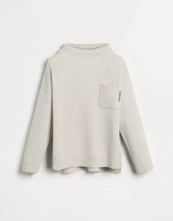 Cashmere English rib turtleneck sweater with chest pocket and monili