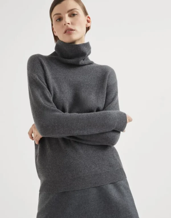 Cashmere English rib turtleneck sweater with monili