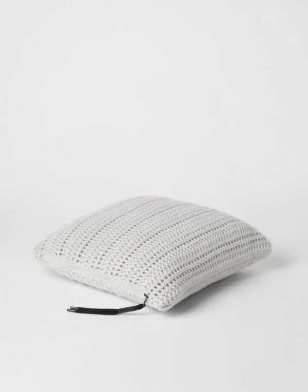 Cashmere Feather yarn crochet-effect knit cushion with shiny zipper pull