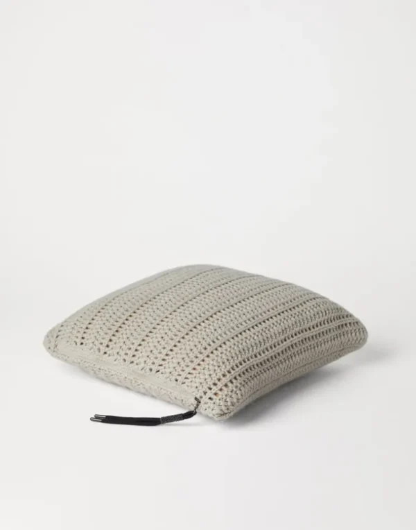 Cashmere Feather yarn crochet-effect knit cushion with shiny zipper pull