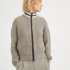 Cashmere Feather yarn English rib knit cardigan with shiny trims