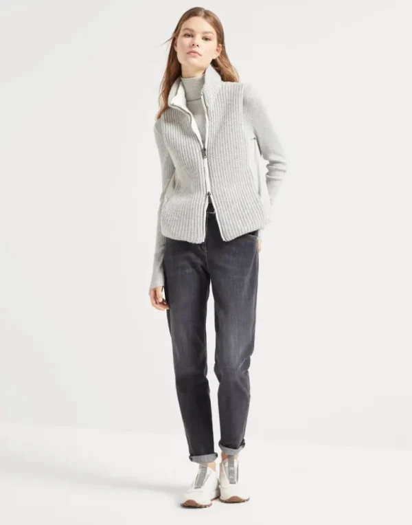 Cashmere Feather yarn reversible knit down vest with monili