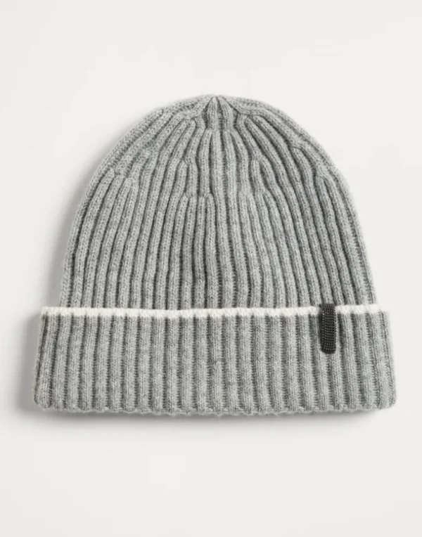 Cashmere rib knit beanie with monili