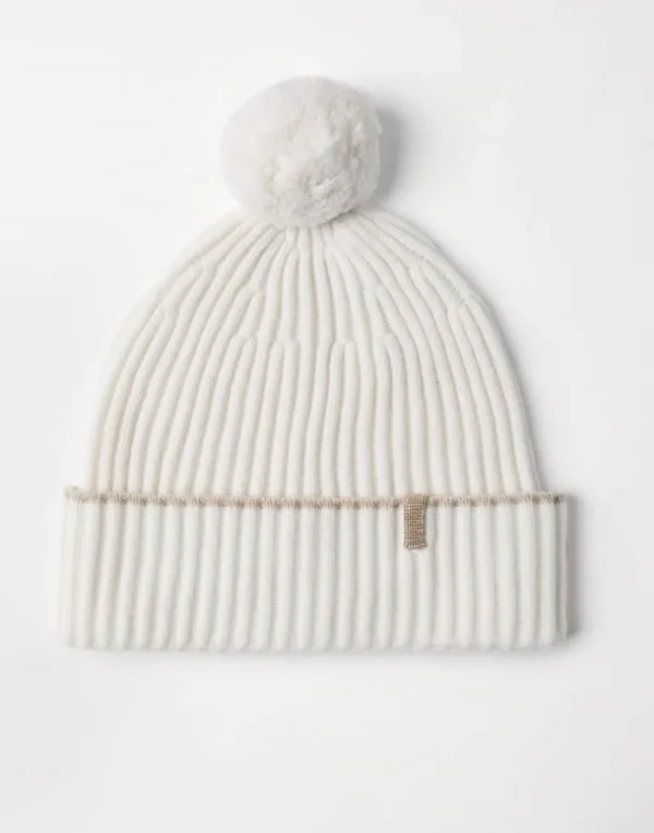 Cashmere rib knit beanie with pompom and monili