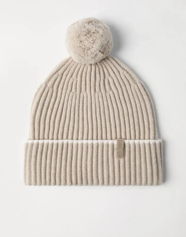 Cashmere rib knit beanie with pompom and monili