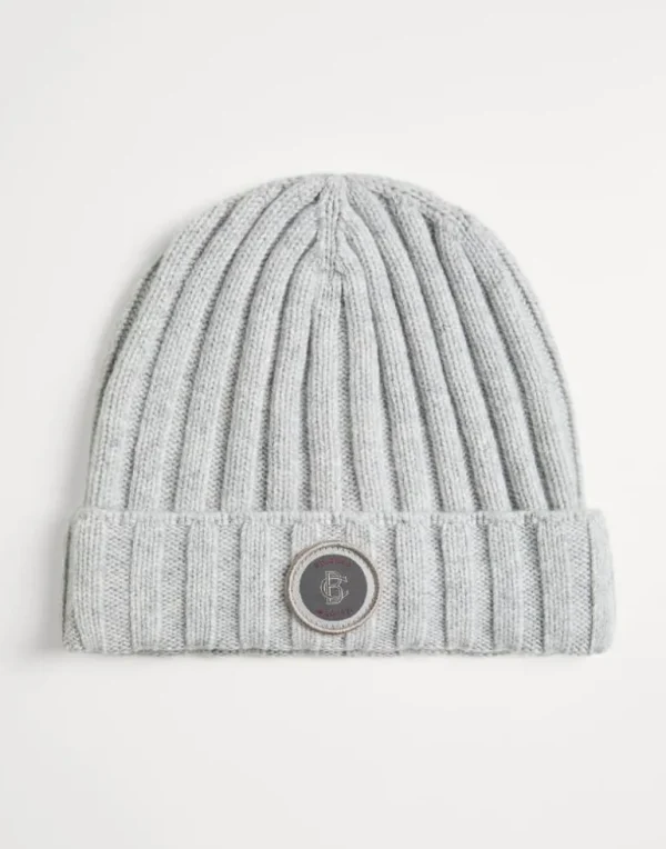 Cashmere rib knit beanie with patch