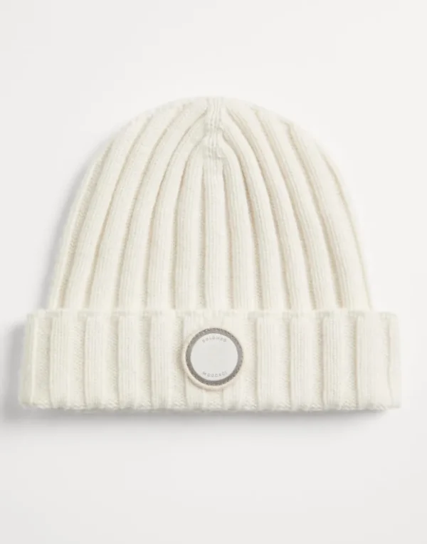 Cashmere rib knit beanie with patch