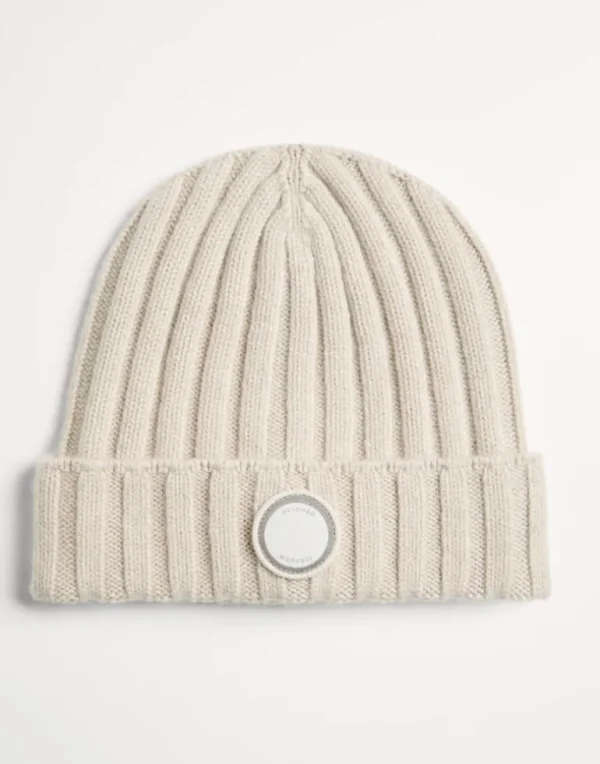 Cashmere rib knit beanie with patch