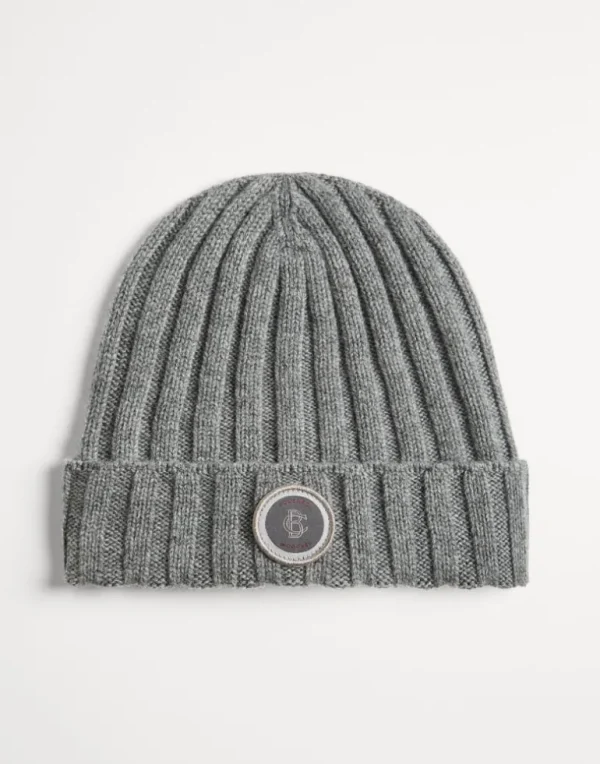 Cashmere rib knit beanie with patch