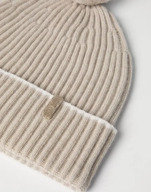 Cashmere rib knit beanie with pompom and monili