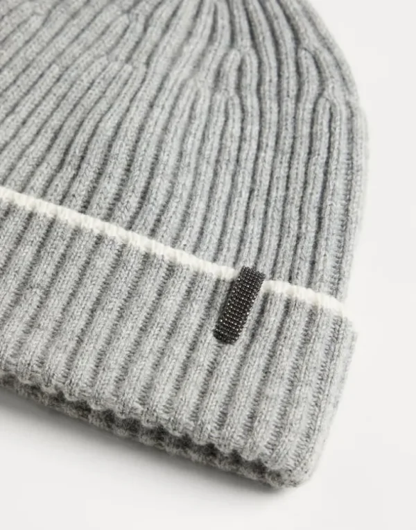 Cashmere rib knit beanie with monili