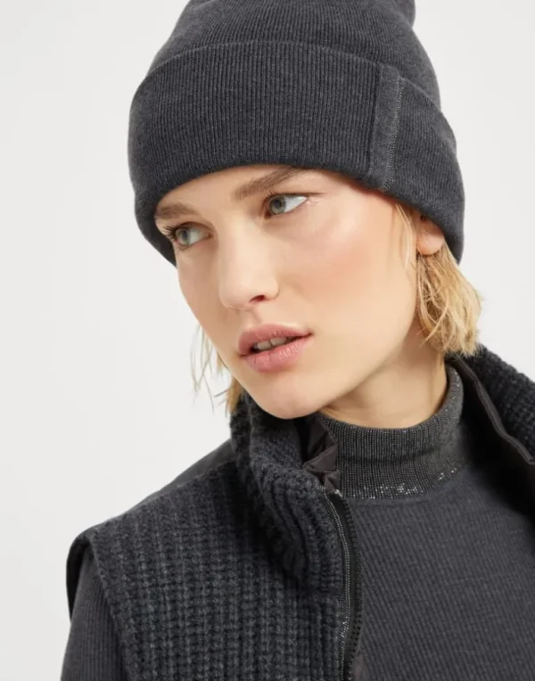 Cashmere rib knit beanie with monili