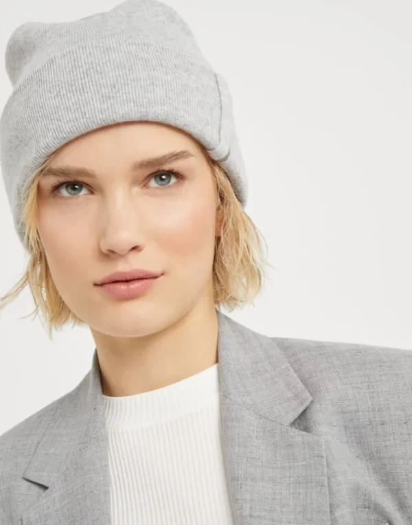 Cashmere rib knit beanie with monili