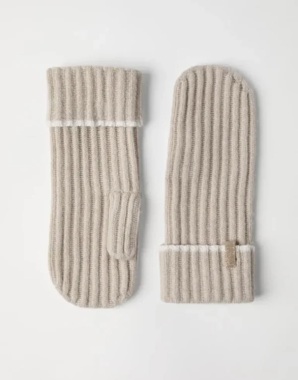 Cashmere rib knit mittens with monili