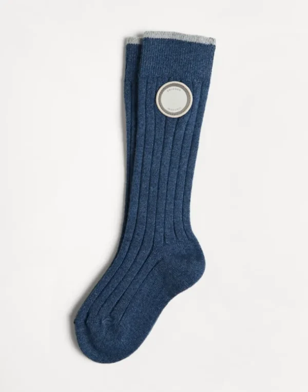 Cashmere rib knit socks with patch