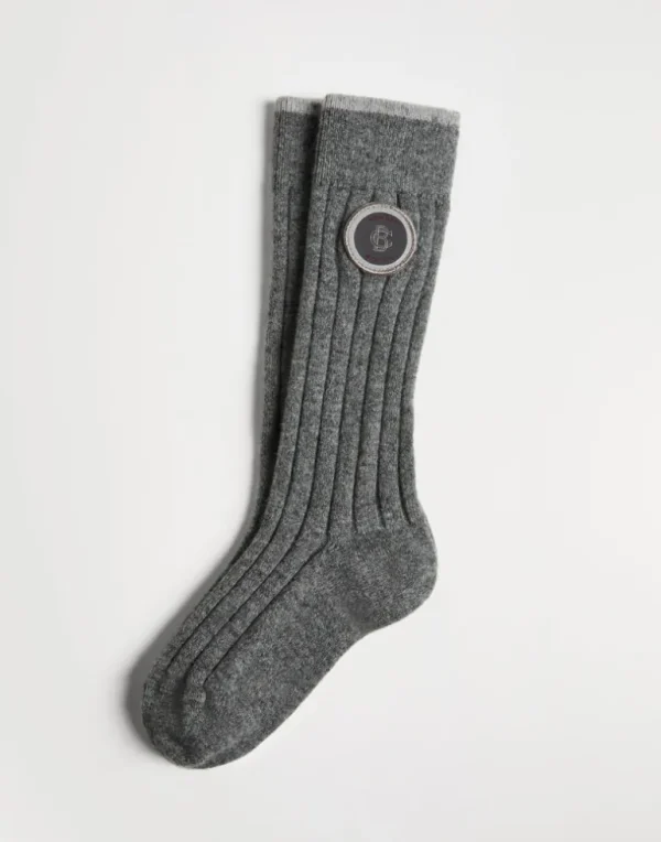 Cashmere rib knit socks with patch