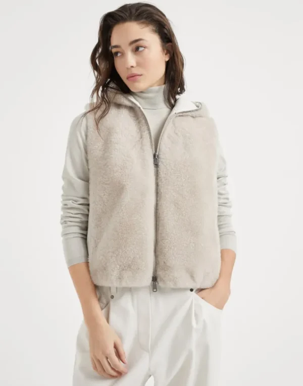 Cashmere shearling reversible hooded vest with precious trim