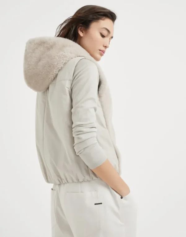 Cashmere shearling reversible hooded vest with precious trim