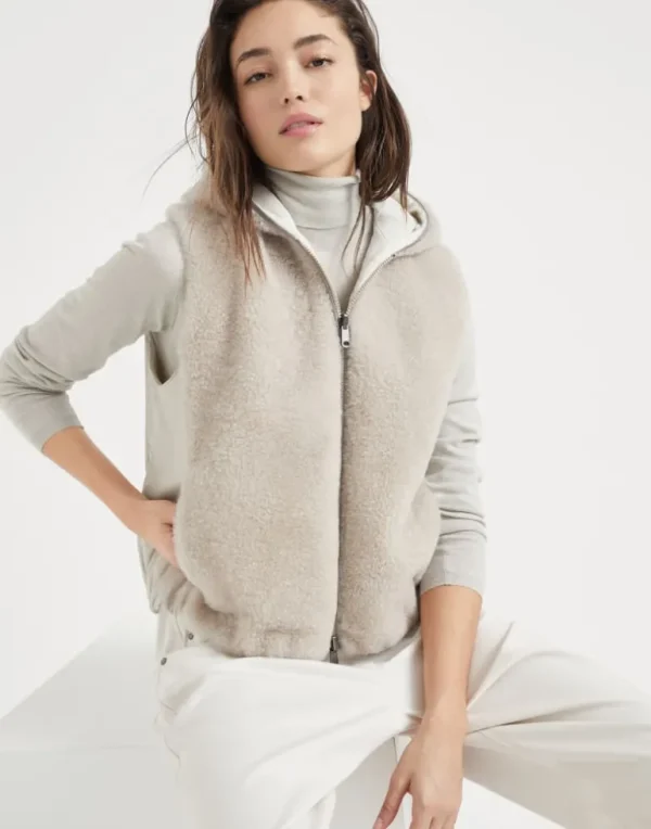 Cashmere shearling reversible hooded vest with precious trim