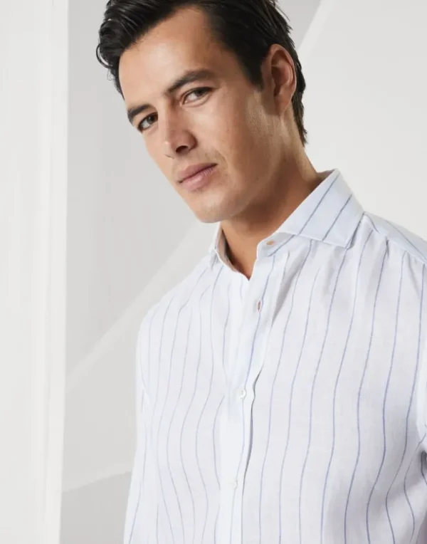 Chalk stripe linen easy fit shirt with spread collar