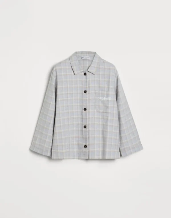 Checked cotton flannel pajama shirt with print