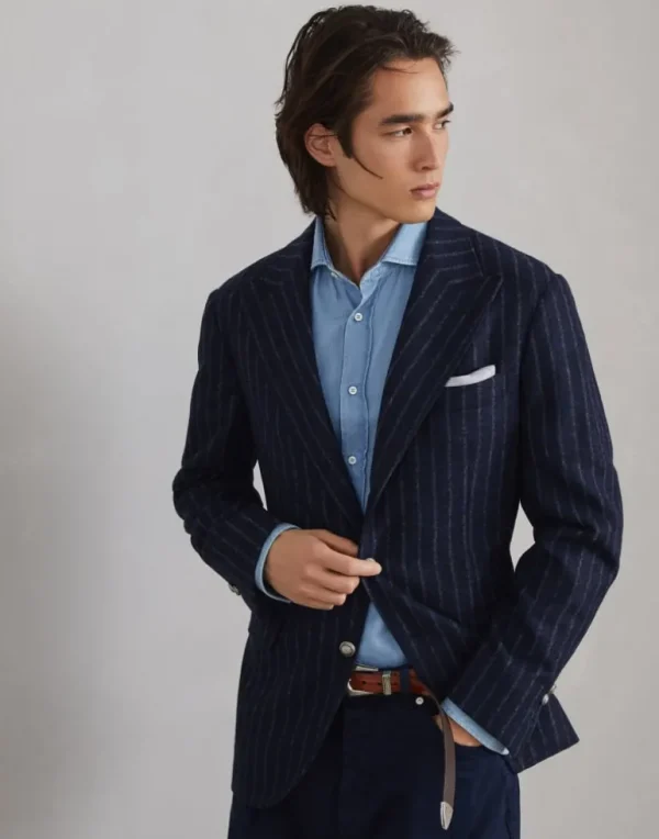 Comfort alpaca and wool chalk stripe deconstructed blazer with large peak lapels and metal buttons