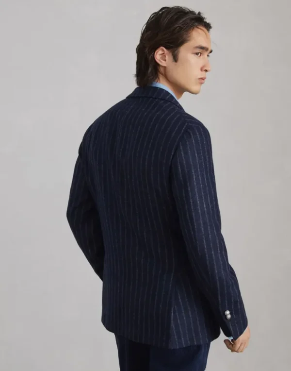 Comfort alpaca and wool chalk stripe deconstructed blazer with large peak lapels and metal buttons