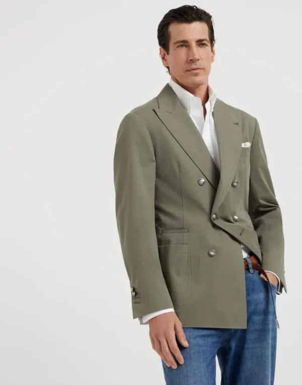 Comfort cotton and cashmere gabardine one-and-a-half breasted deconstructed blazer with patch pockets and metal buttons