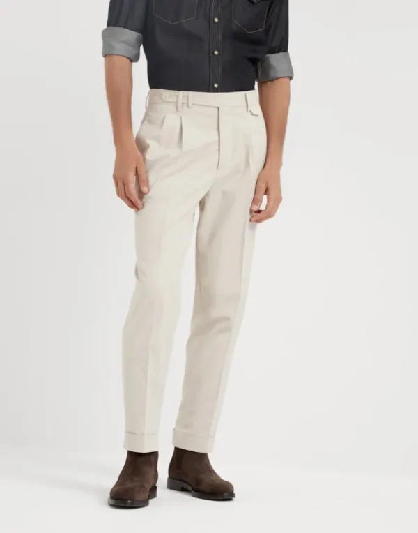 Comfort cotton and cashmere gabardine leisure fit trousers with double pleats and tabbed waistband