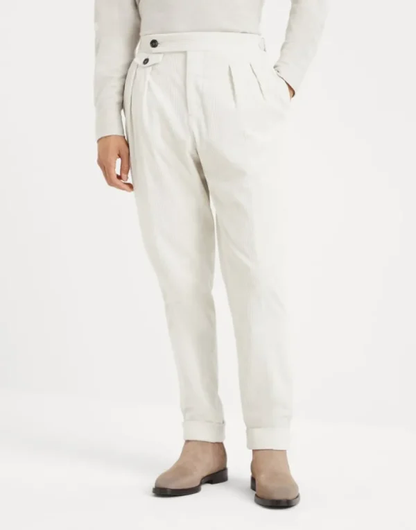 Comfort cotton and cashmere corduroy tailor fit trousers with reversed double pleats and waist tabs