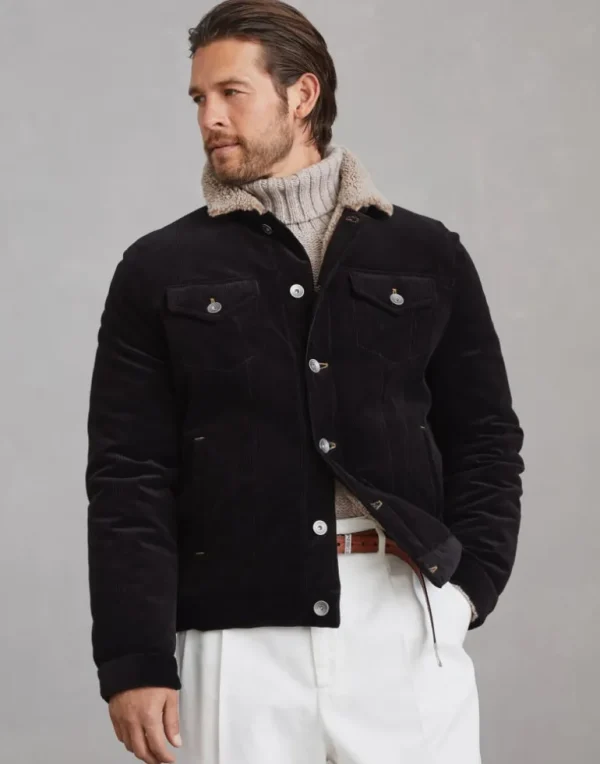 Comfort cotton and cashmere corduroy four-pocket jacket with shearling lining