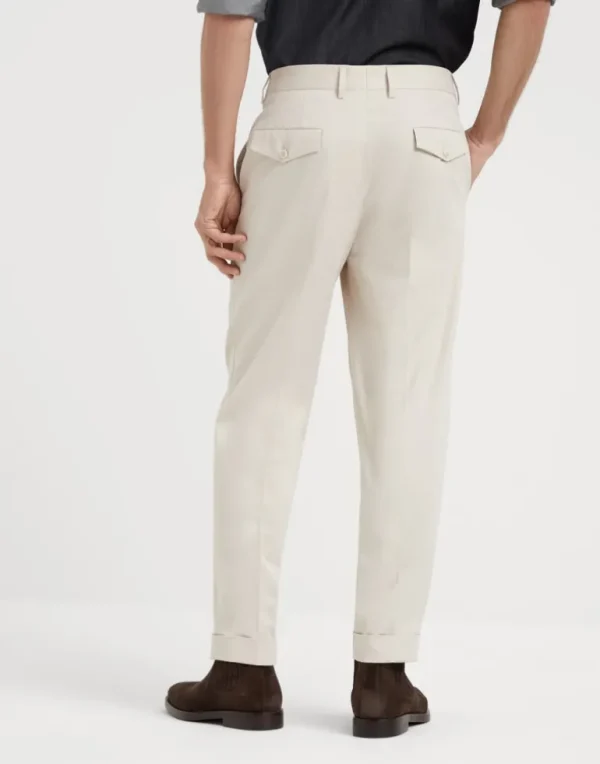 Comfort cotton and cashmere gabardine leisure fit trousers with double pleats and tabbed waistband