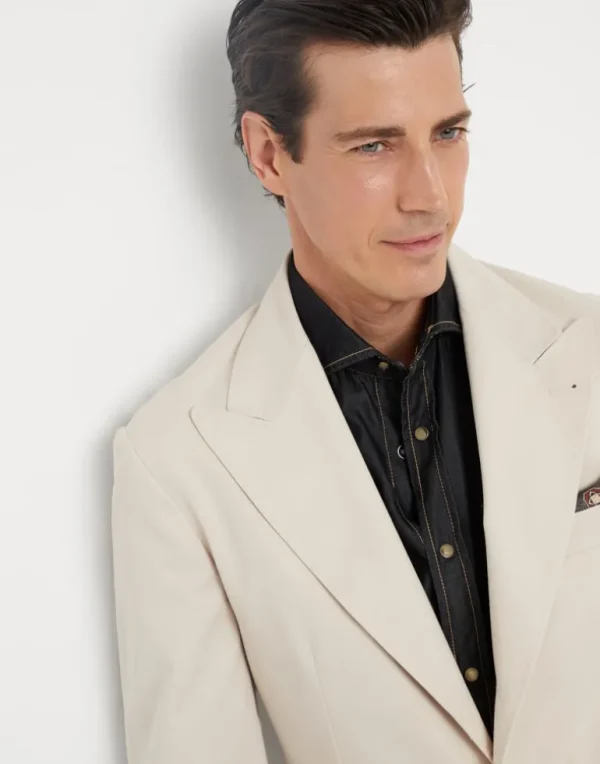 Comfort cotton and cashmere gabardine deconstructed blazer with large peak lapels and metal buttons