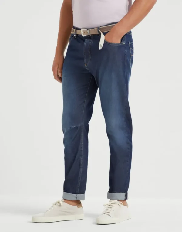 Comfort cotton and silk denim leisure fit five-pocket trousers