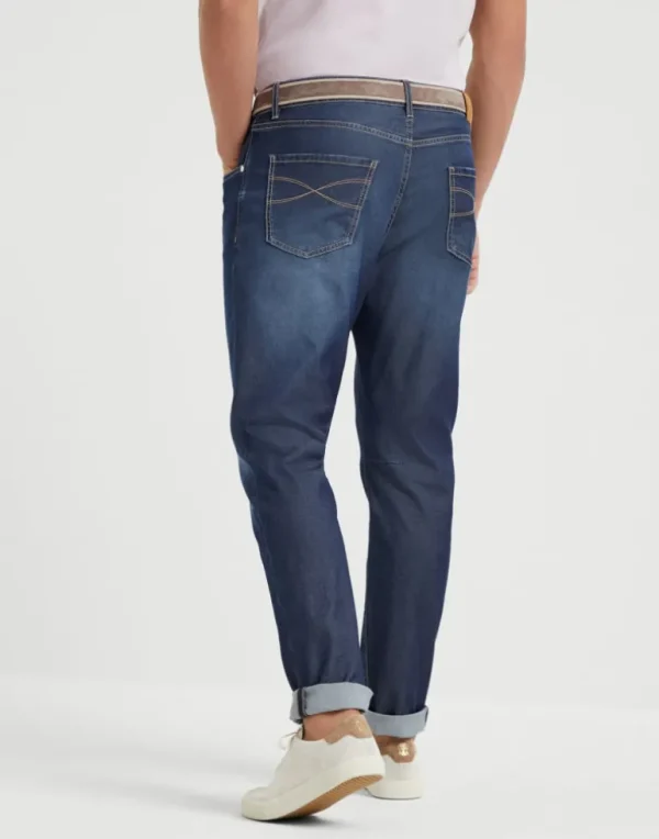 Comfort cotton and silk denim leisure fit five-pocket trousers