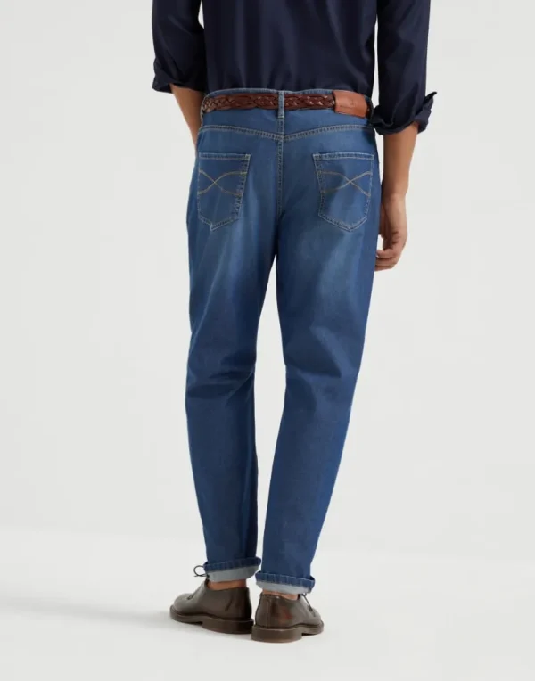 Comfort cotton and silk denim leisure fit five-pocket trousers