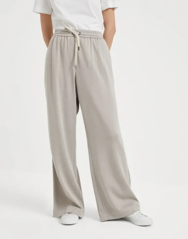 Comfort cotton and silk interlock wide trousers with precious stripe