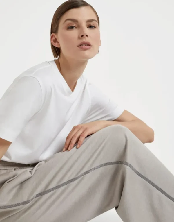 Comfort cotton and silk interlock wide trousers with precious stripe