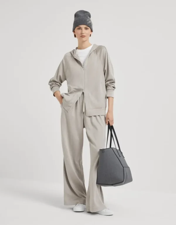 Comfort cotton and silk interlock wide trousers with precious stripe