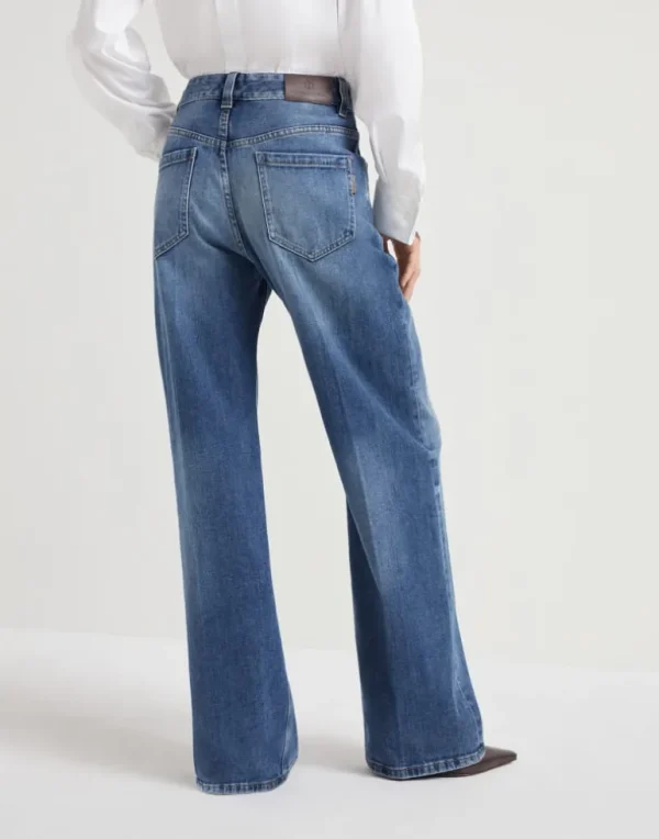 Comfort cotton denim loose five-pocket trousers with shiny tab