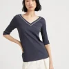 Comfort cotton ribbed jersey T-shirt with shiny piping