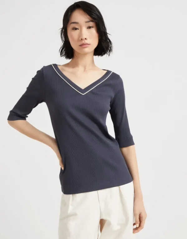 Comfort cotton ribbed jersey T-shirt with shiny piping