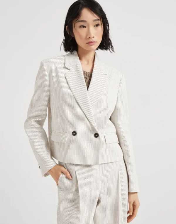 Comfort linen and cotton chalk stripe twill cropped blazer with monili