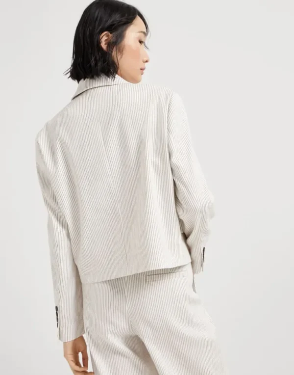 Comfort linen and cotton chalk stripe twill cropped blazer with monili