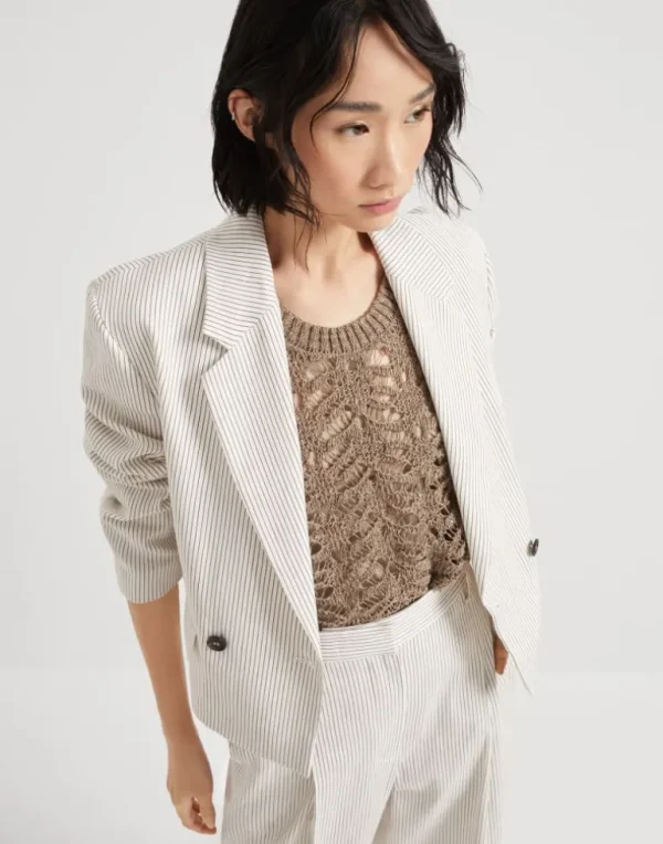 Comfort linen and cotton chalk stripe twill cropped blazer with monili