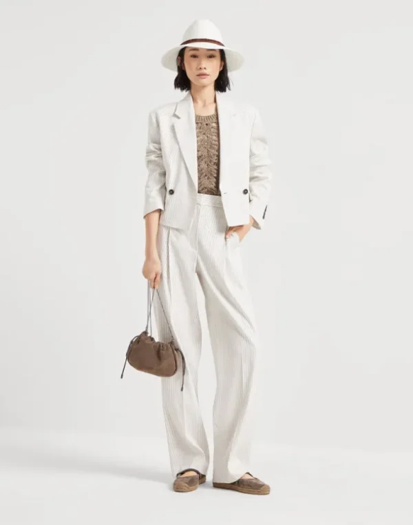 Comfort linen and cotton chalk stripe twill cropped blazer with monili