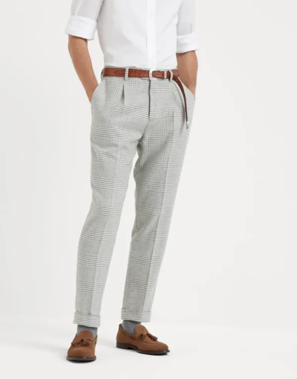 Comfort wool and cashmere Prince of Wales leisure fit trousers with pleat