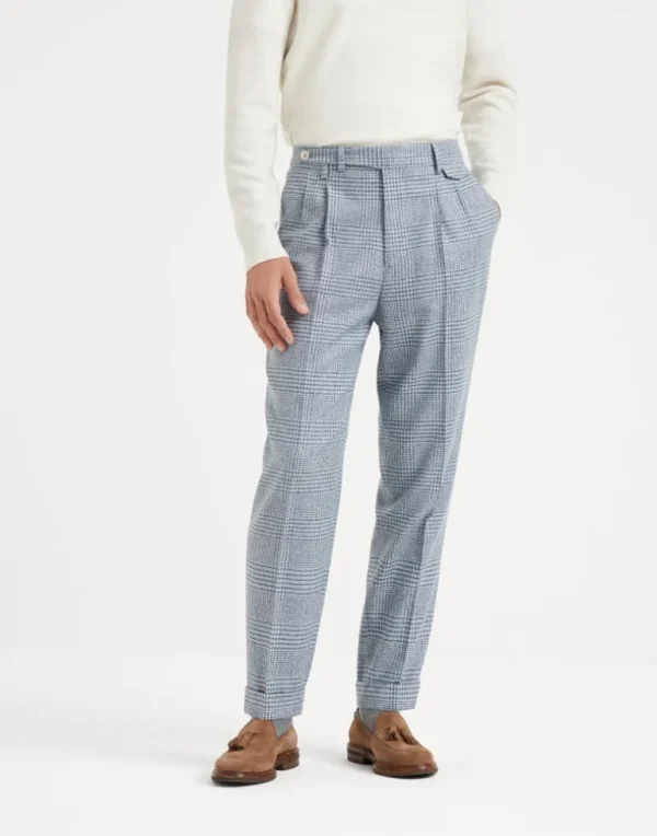 Comfort wool, silk and cashmere Prince of Wales leisure fit trousers with double pleats and tabbed waistband