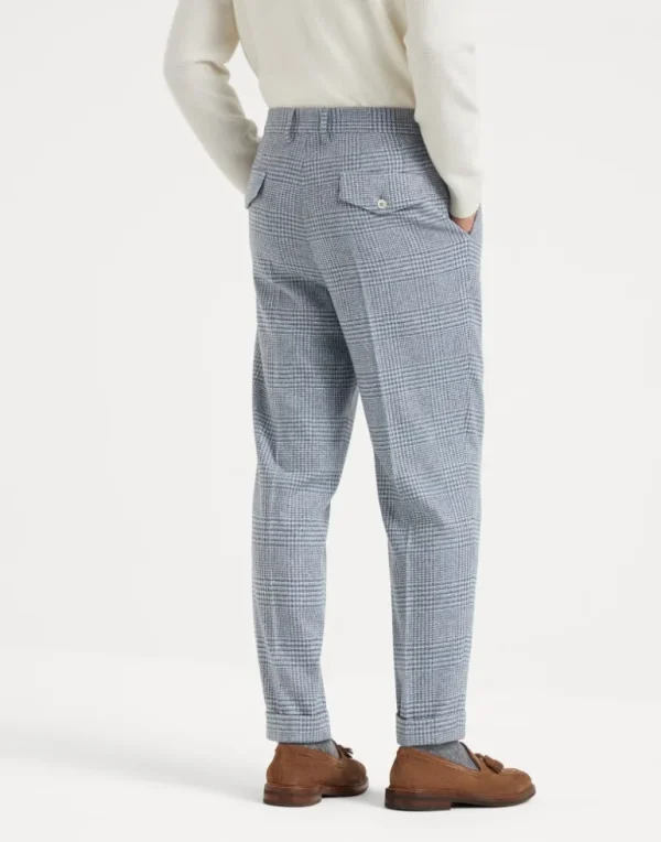 Comfort wool, silk and cashmere Prince of Wales leisure fit trousers with double pleats and tabbed waistband